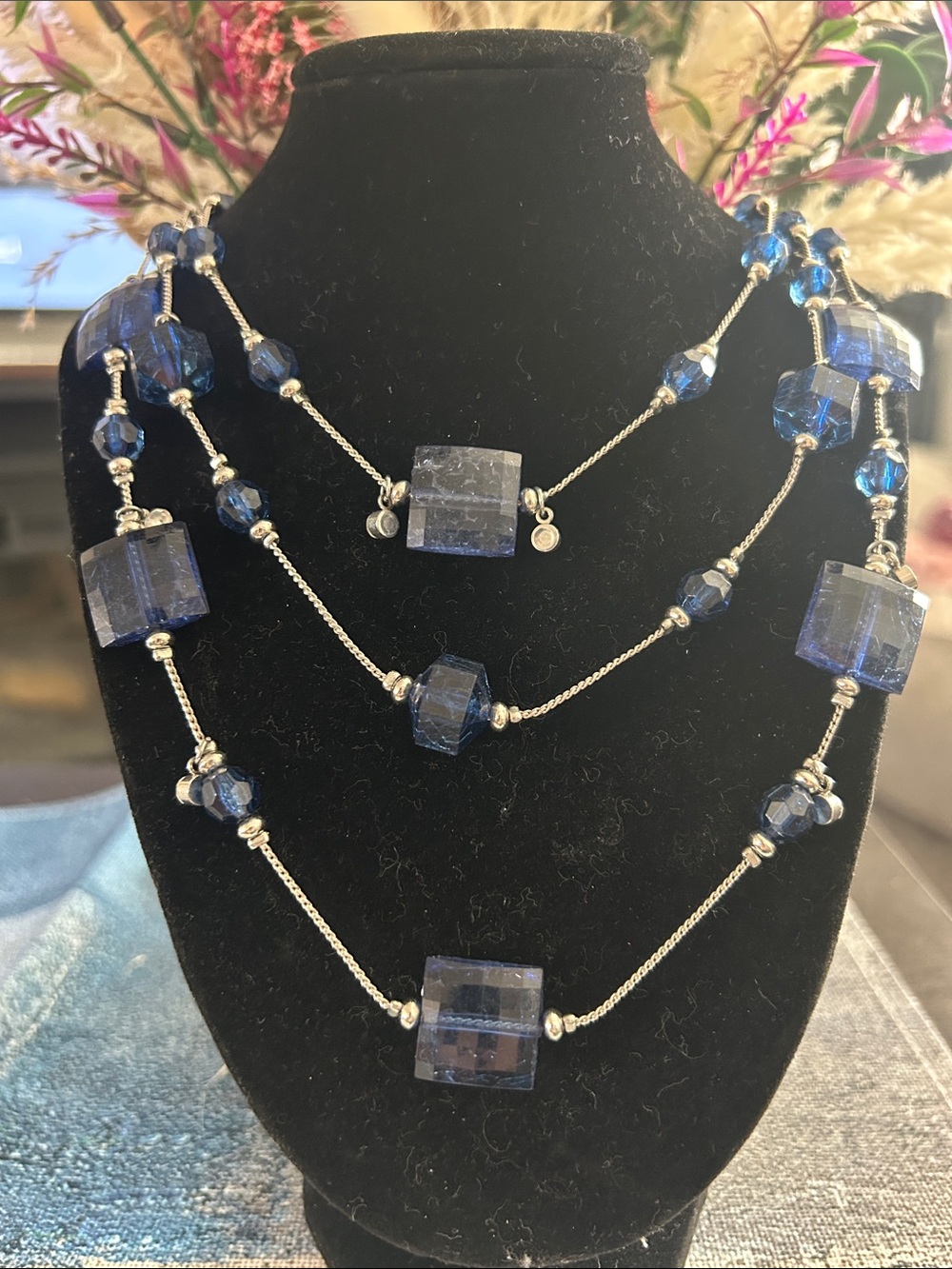 Layered Blue Glass Bead Necklace with Silver Accents